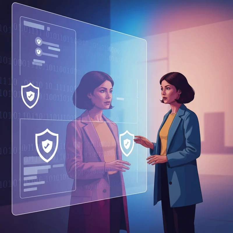 A young woman looking at her reflection in a digital screen, symbolizing protection against faceal abuse.