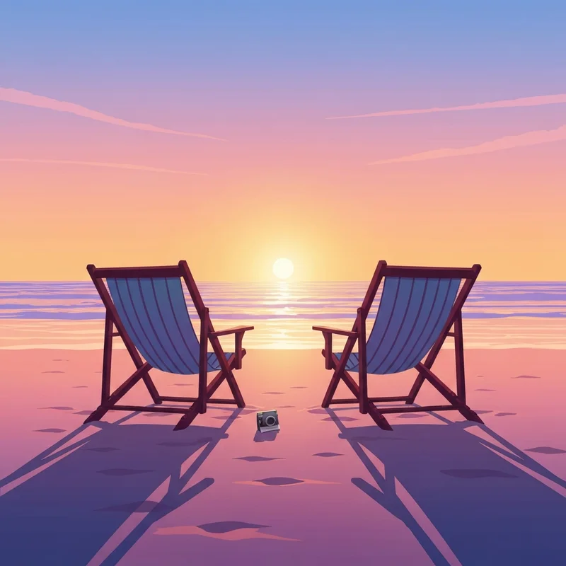 A symbolic representation of a summer situationship showing a sunset over a beach with two chairs facing different directions.