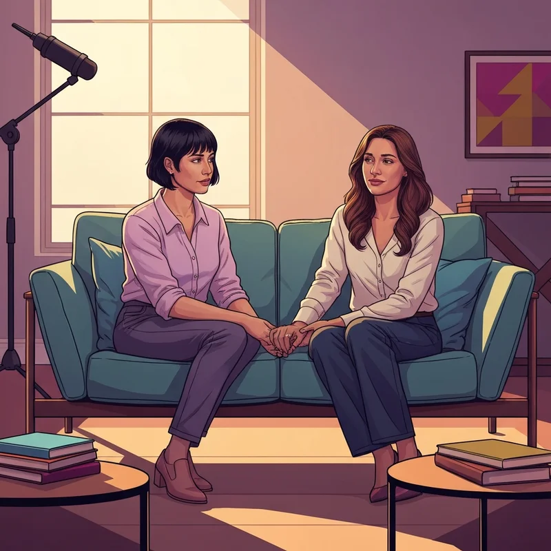 Correy Stoner and her sister Alyson Stoner sitting together in a supportive studio setting, illustrating the theme of family recovery and sibling bonds.