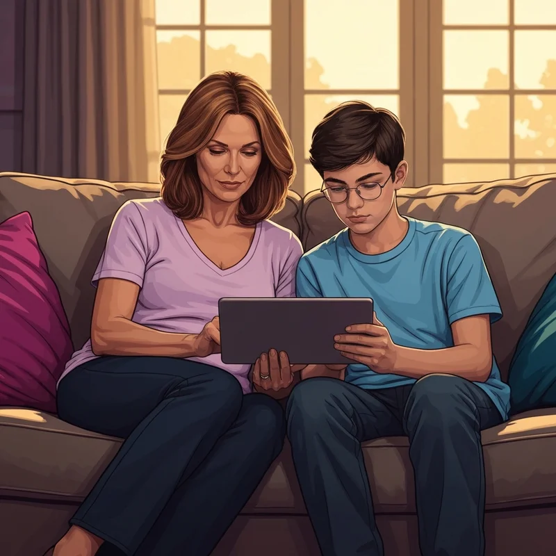 A serene living room scene depicting a supportive stepmom and stepson bonding over a shared activity, highlighting healthy boundaries.