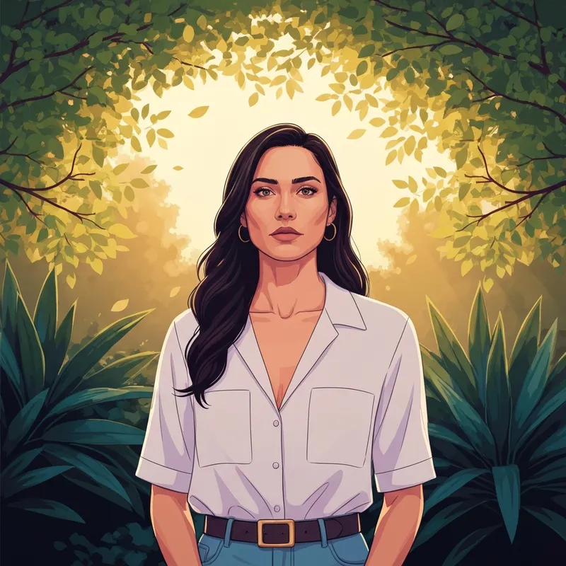 A symbolic representation of the cast of the girl who escaped the kara robinson story featuring a resilient young woman standing in the sunlight.