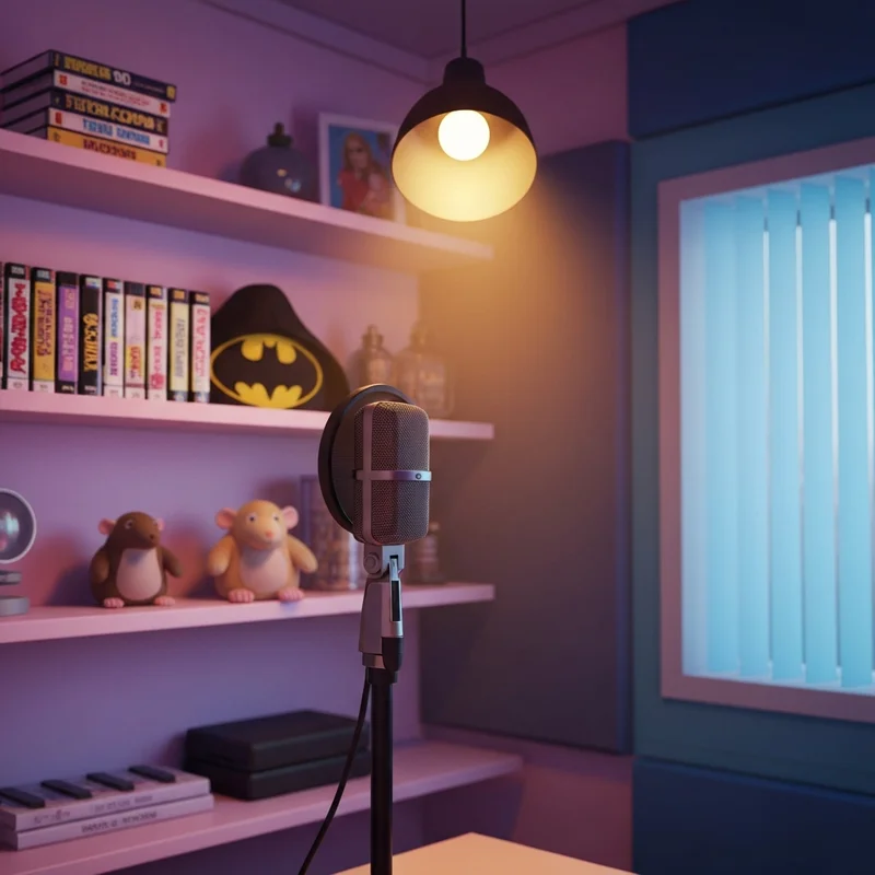 A nostalgic and cinematic representation of a recording studio, highlighting the career of Will Friedle movies and tv shows through 90s icons.