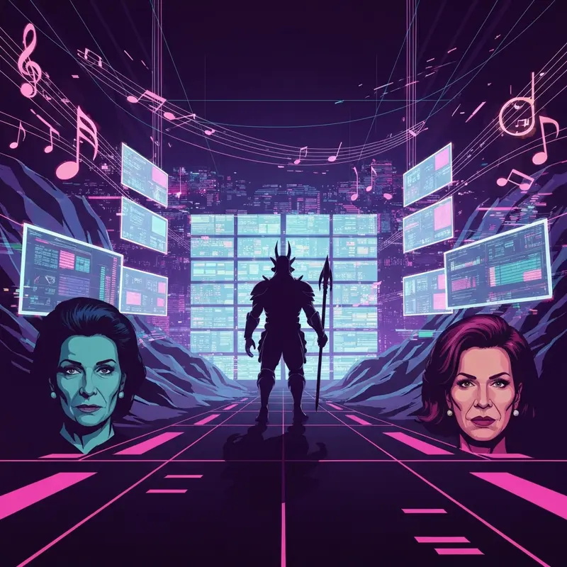 A neon-lit digital collage representing the pay gorn meme, featuring a reptilian alien silhouette, music waves, and stylized tech filters.