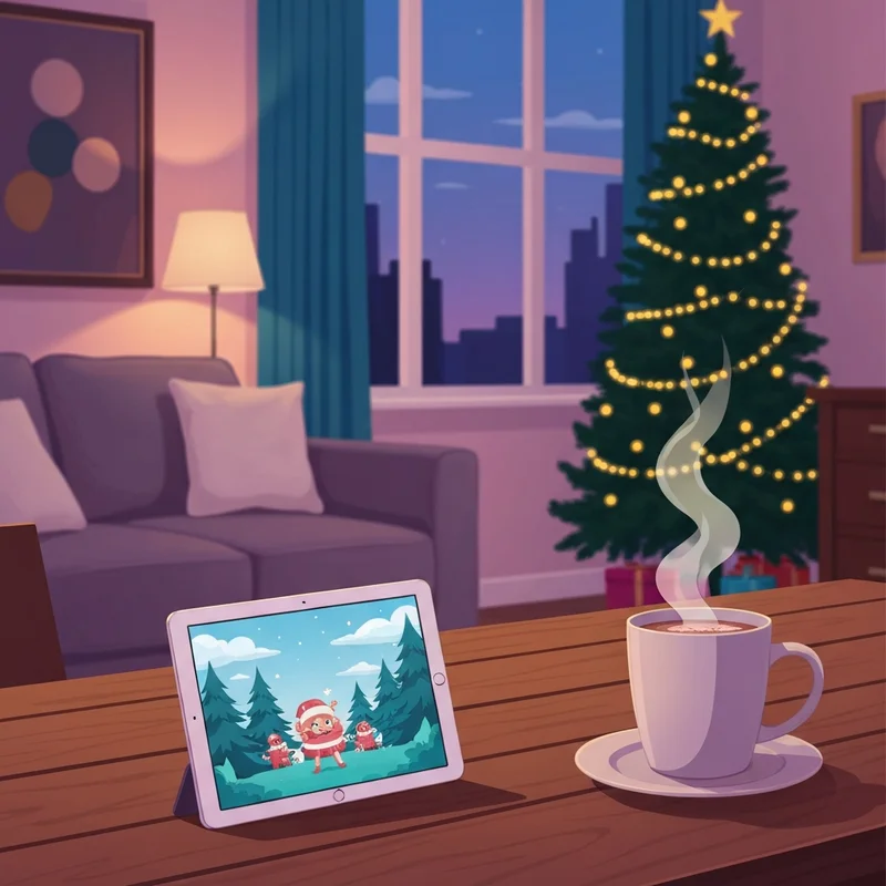 A cozy living room at night featuring a glowing Christmas tree and a laptop showing short christmas movies for a family.