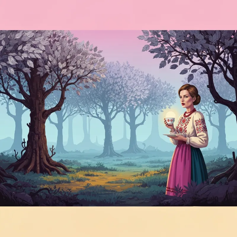 A cinematic and surrealist depiction of czech fantasy featuring a gothic clockwork forest and a girl in a red cloak holding a porcelain cup.