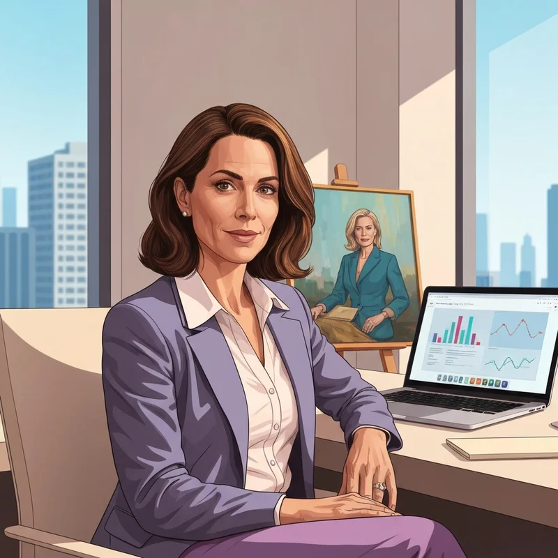 A professional woman sitting in a modern Calgary office, reflecting the dual identity of judy duncan as a marketing expert and creative professional.