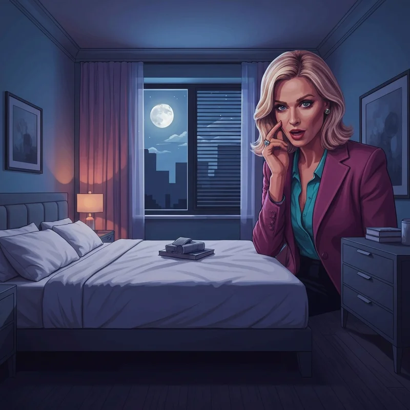 Cinematic visual of a domestic roleplay scenario featuring a blonde actress in a high-tension sharing a bed with my bestfriends gf - jane wilde production.