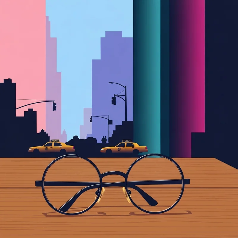 A minimalist illustration representing curb your enthusiasm series 8 featuring a stylized New York skyline and a pair of iconic circular glasses.