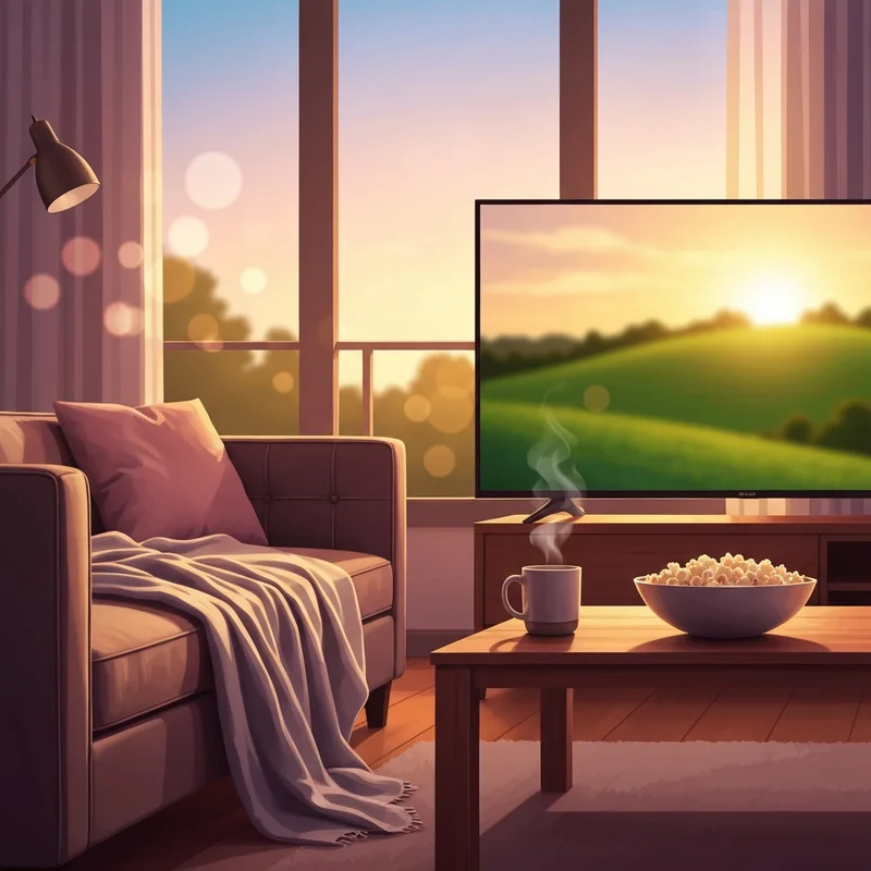 A cozy living room setting with a warm blanket, a mug of cocoa, and a glowing television screen showing a heartwarming scene, representing wholesome movies.
