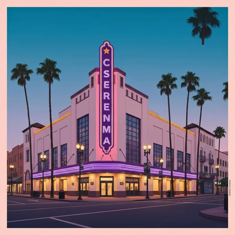 The vibrant neon-lit exterior of a modern cinema complex in a coastal town square, highlighting plaza cinema 14 movies.