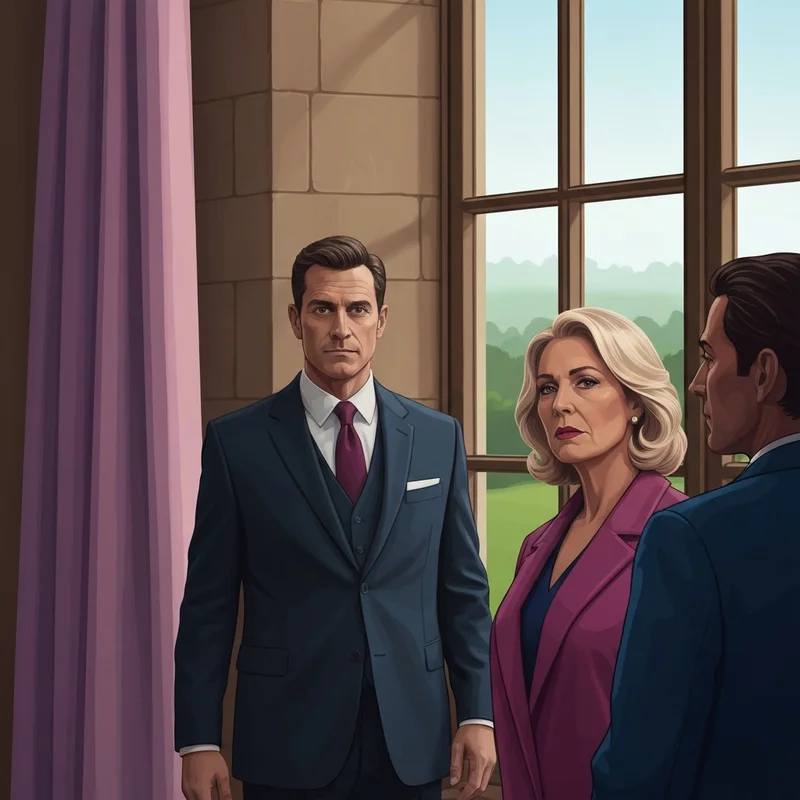 A thoughtful man in a dark suit standing by a tall window, looking out over a misty landscape, representing how william sees the future.