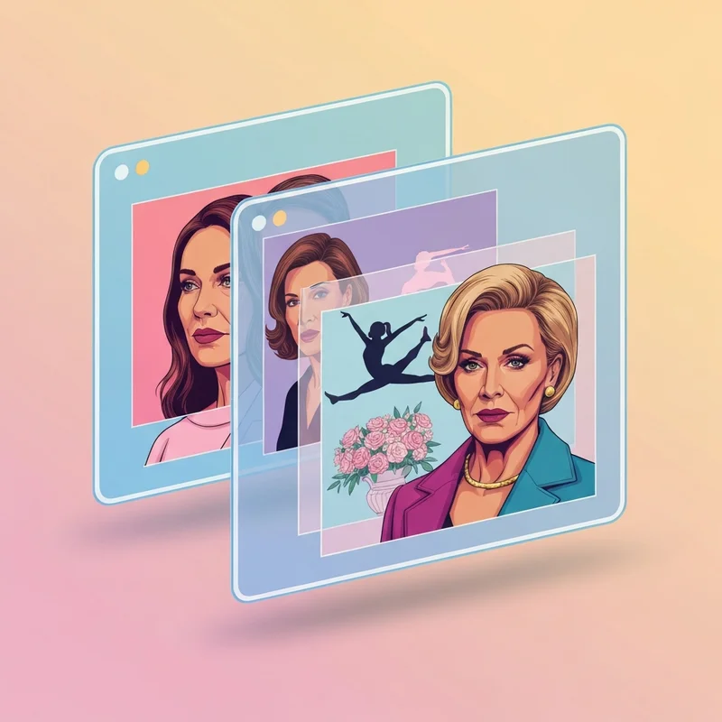 A conceptual disambiguation map of different personas named izzy bell, showing a social media screen, a gymnast silhouette, and a legacy memorial symbol.