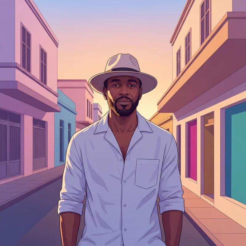 A charismatic man in a stylish fedora and tropical shirt, embodying the el tiguere archetype with confidence and flair.
