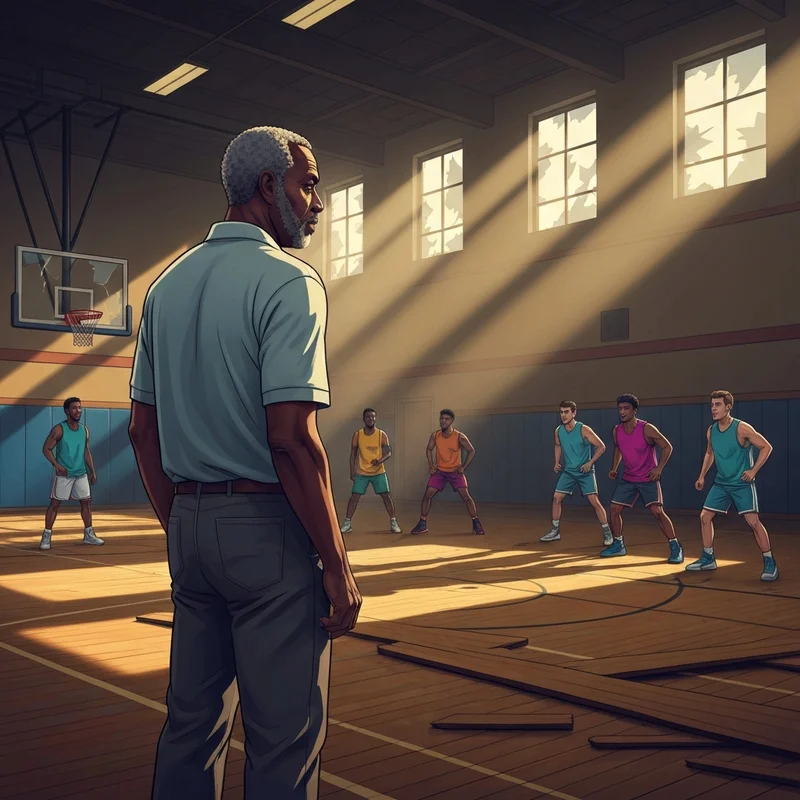 A determined basketball coach in a weathered high school gym, hurricane season movie cast vibes.