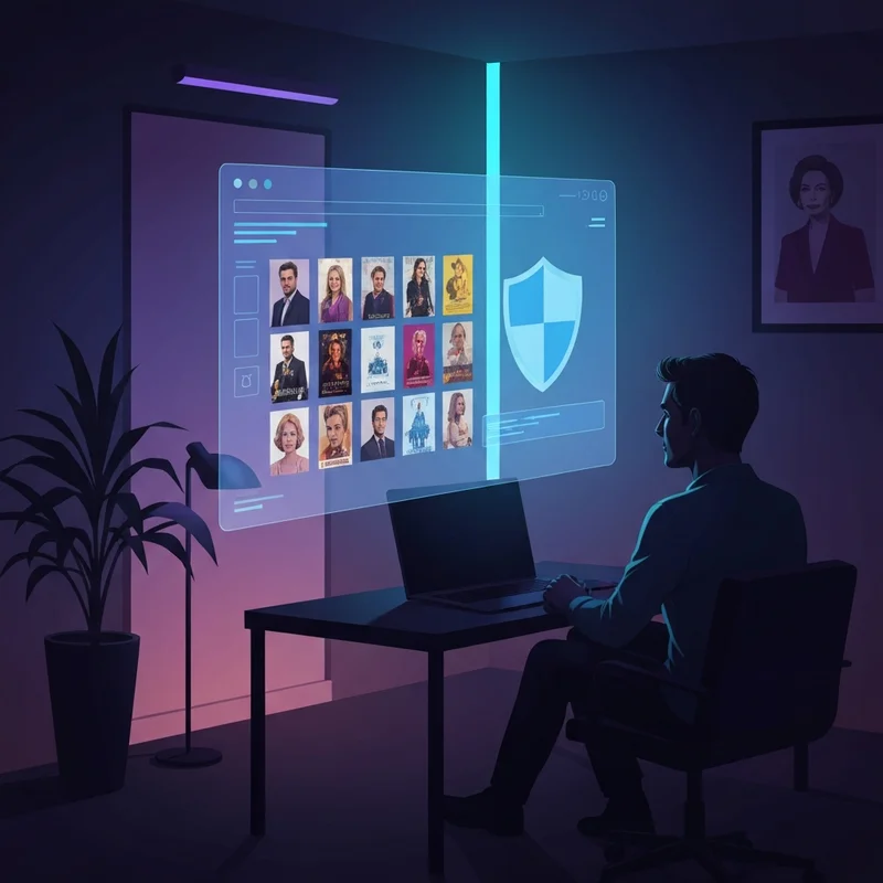 A futuristic digital dashboard displaying safe movie streaming alternatives and security shields for let me watch this searchers.