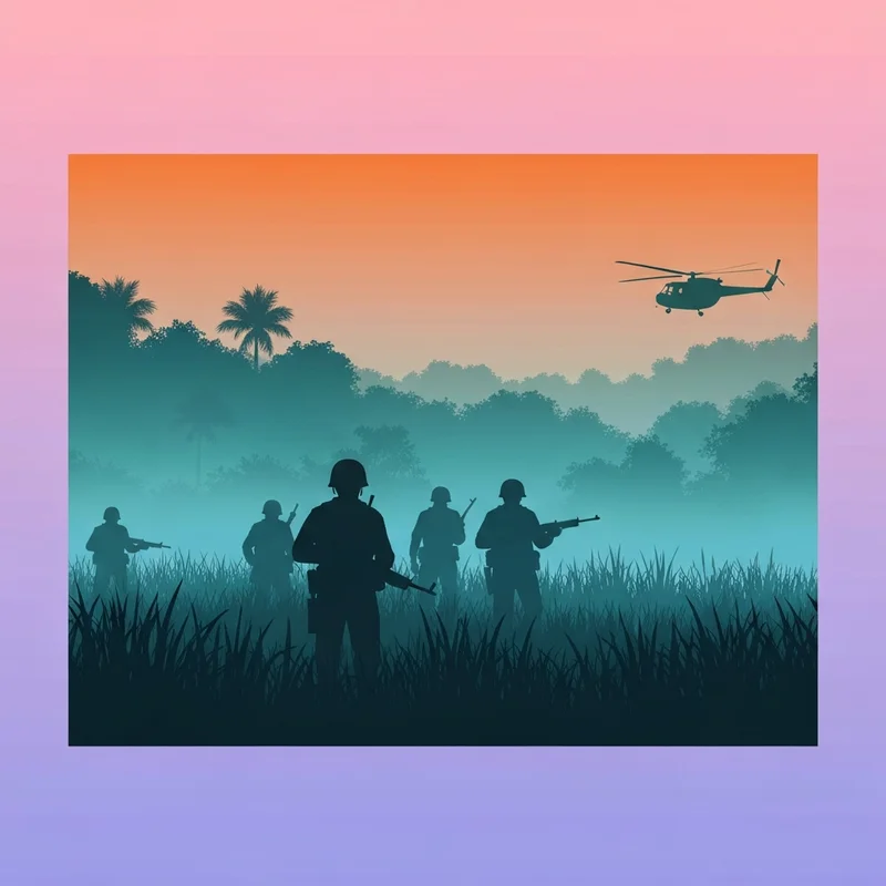 Cinematic jungle landscape at sunset with soldiers silhouetted against a golden sky, representing the best vietnam war movies.