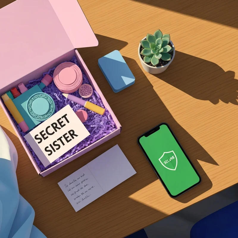 A flat lay of a creative sis swap gift basket with scrapbooking supplies and a safety checklist on a wooden table.