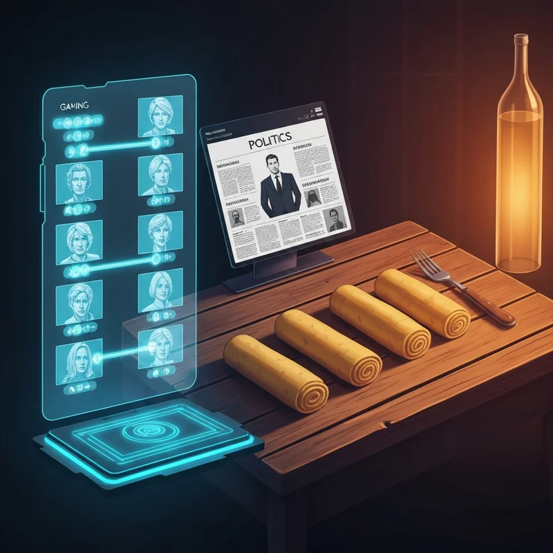 A sophisticated digital dashboard showing a disambiguation of maximilian roll between gaming stats, political news, and culinary arts.