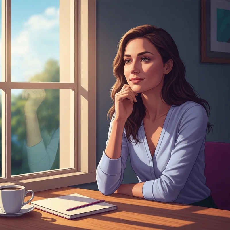 A young woman sitting in a sunlit room, reflecting peacefully on a handwritten note, embodying the essence of a girlfriend perfect and authentic.