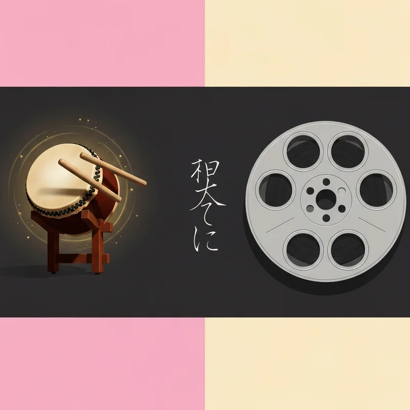 A visual representation of the term midareuchi showing a traditional Japanese taiko drum on one side and a classic 1960s cinematic film reel on the other.