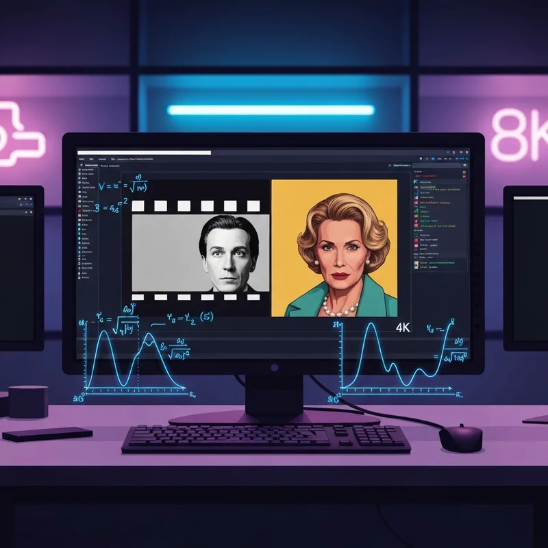 A futuristic digital restoration interface showing a grainy old film being transformed into a crisp 4K prony movie signal using glowing blue mathematical grids.