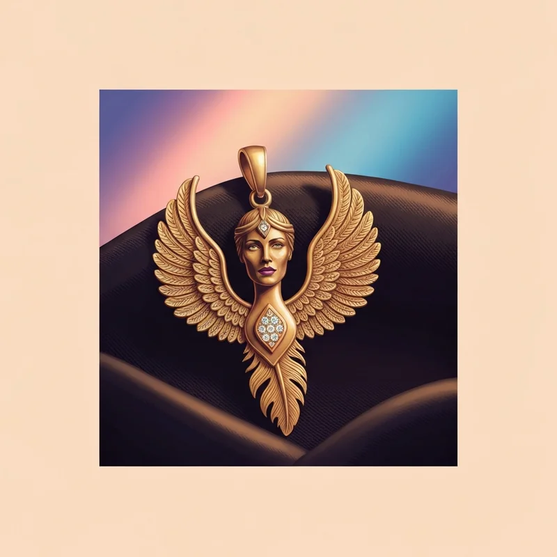 A shimmering isis diamond pendant in gold featuring a goddess with spread wings and small diamond accents against a dark velvet background.