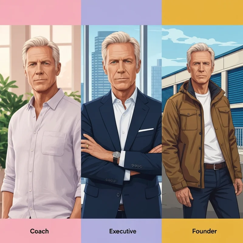 A professional man in various attire representing a life coach, a sports executive, and a business owner named Brad Lund.