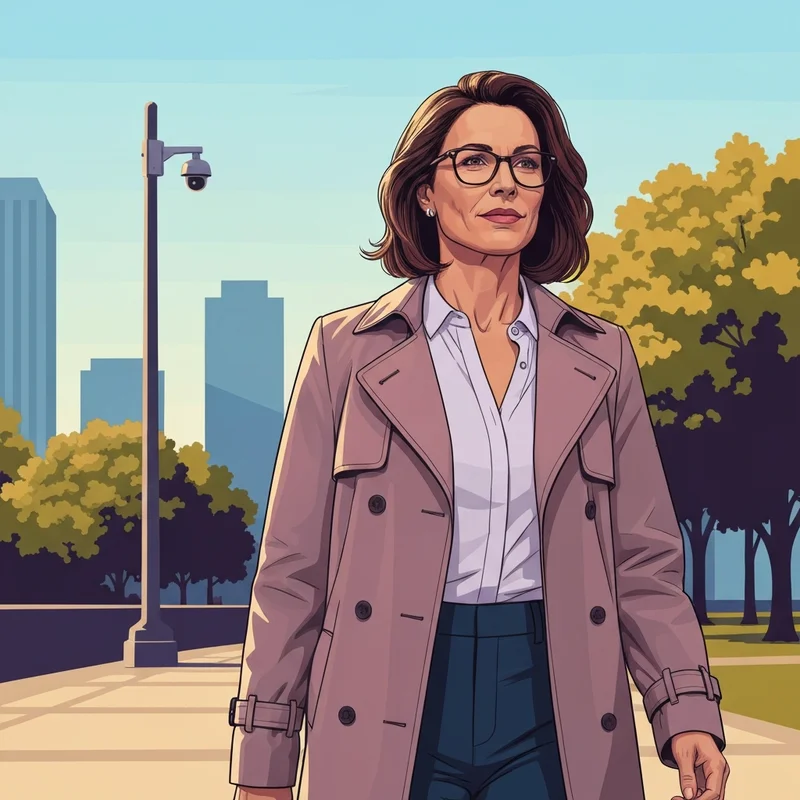 A modern woman in a city park looking confidently at the camera, representing privacy awareness and the pervs on patrol media analysis.