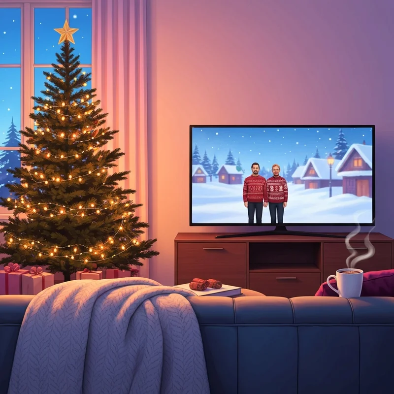 A cozy living room setting with a glowing Christmas tree and a TV screen displaying a festive christmas movies 2024 scene.