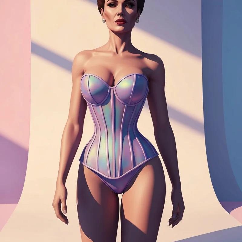 Cinematic high-fashion representation of the big asss tits aesthetic featuring an hourglass digital avatar in a structured corset.