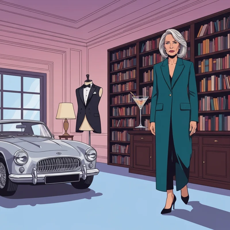 A cinematic and sophisticated display of sean connery james bond movies memorabilia including a tuxedo, a vintage spy car, and a martini glass.