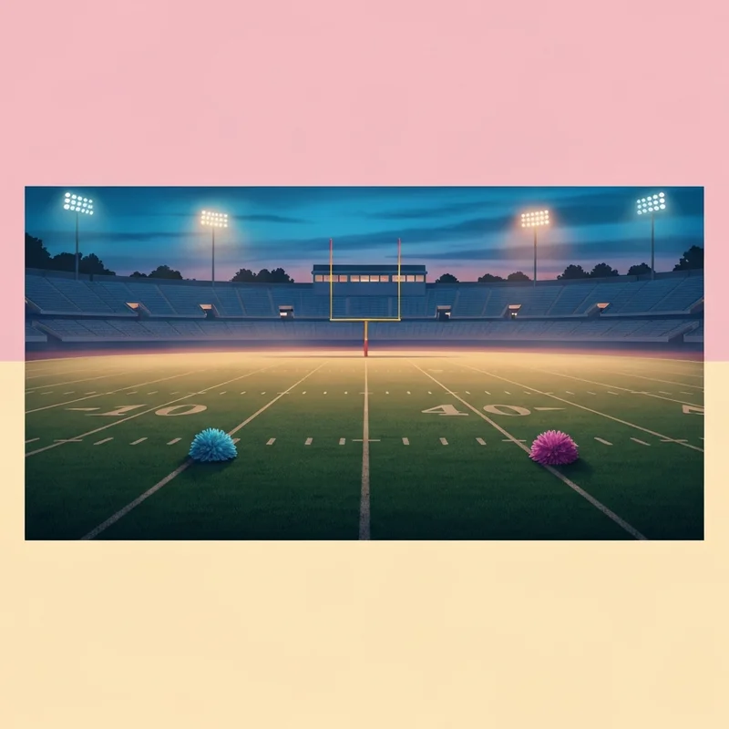 A cinematic shot of an empty high school football stadium at dusk, capturing the atmospheric themes of the assault the movie.