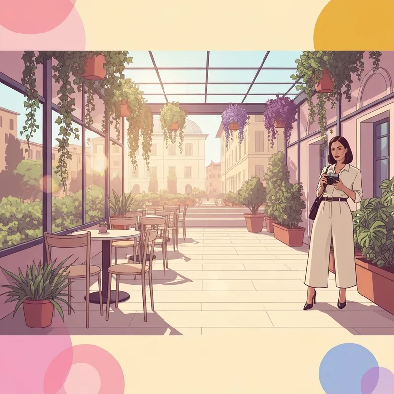 A stylish traveler with a camera exploring a lush garden cafe in Rome, capturing the molly rome aesthetic.