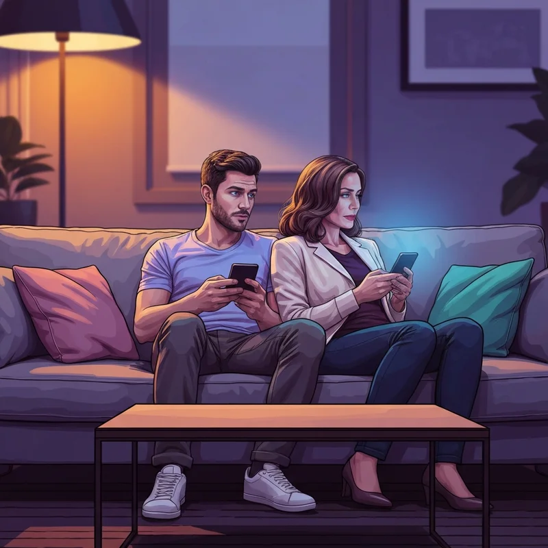 A visual representation of un togetherness showing two people sitting on a velvet sofa in a dimly lit room, their faces illuminated by the blue light of smartphones, ignoring a beautiful sunset outside the window.