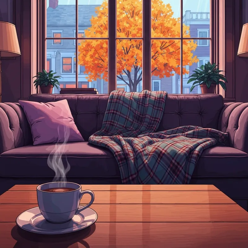 A cozy living room setup with a warm blanket, a cup of tea, and a laptop showing a scene from autumn movies with golden foliage.