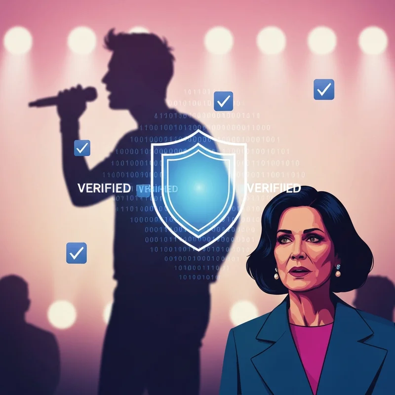 A digital verification shield overlaying a blurred silhouette of a global pop icon, representing the search for truth behind 'justin bieber aked' viral rumors.