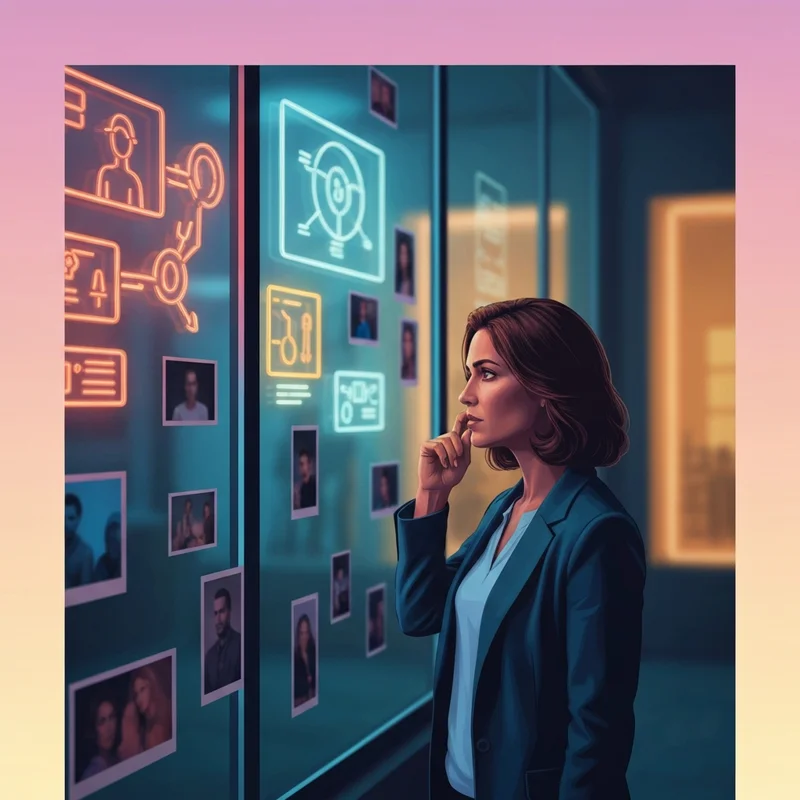 A cinematic shot of a person looking at a complex web of photographs and strings on a wall, representing good twist ending movies.