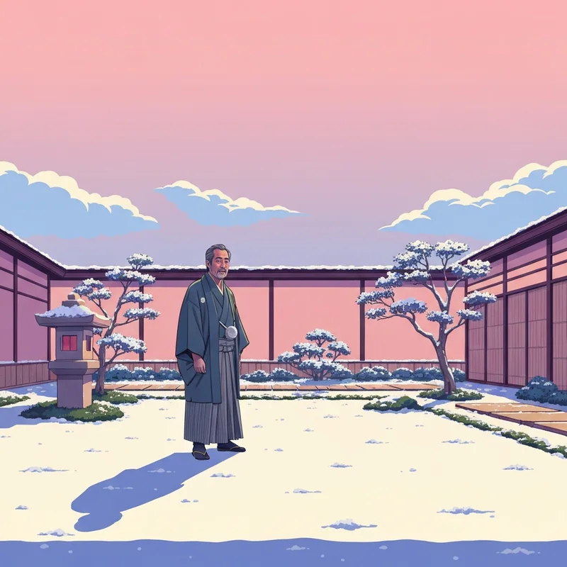 A solitary samurai figure standing in a snow-covered bamboo forest, representing the themes of the last chushingura.