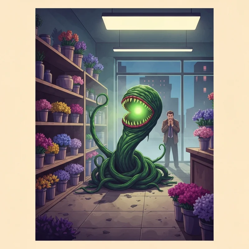 A cinematic, dark botanical shop featuring a large, mysterious green carnivorous plant with a menacing presence, representing the 'feed me seymour' aesthetic.