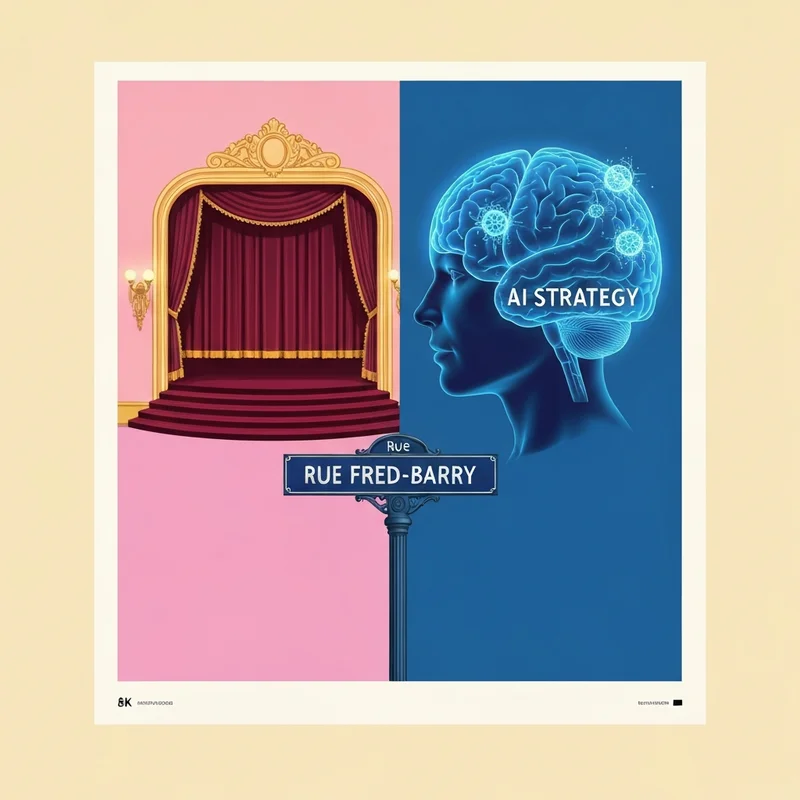 A conceptual disambiguation matrix for the name Fred Barry showing a theater stage, an AI tech brain, and a residential street map.
