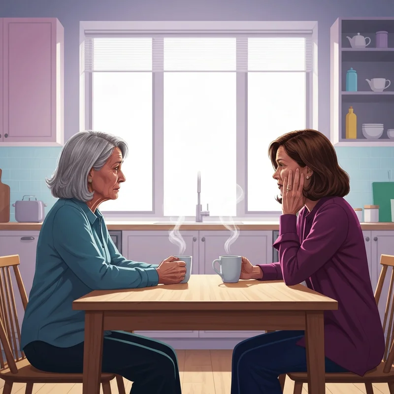 A cinematic, emotional scene of a mother and daughter sitting at a kitchen table, sunlight streaming in, capturing a moment of deep connection and 'mother with daughter lesbian' narrative resonance.