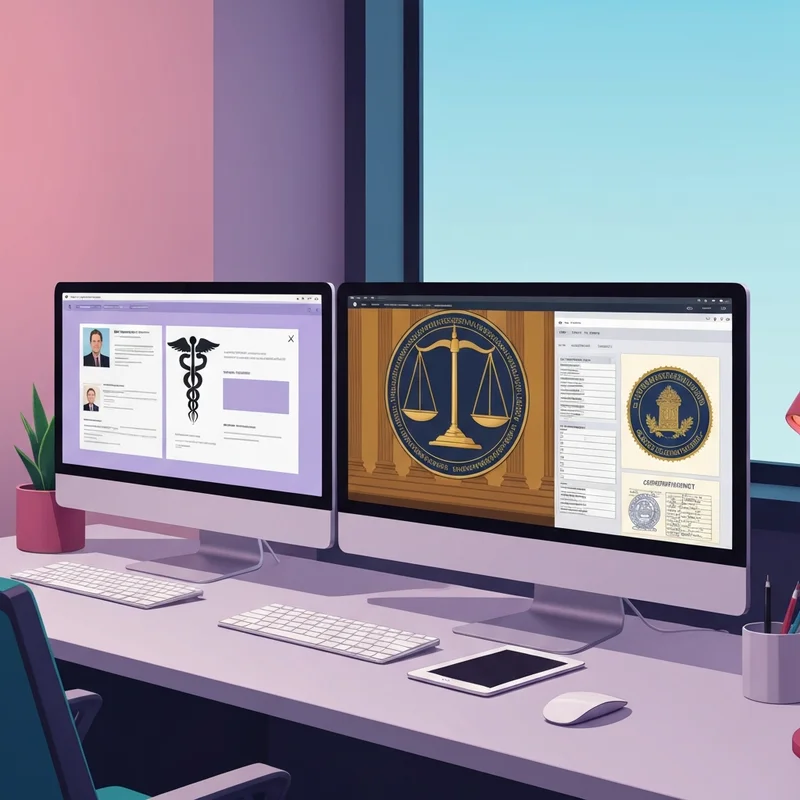 A professional desk with multiple digital screens displaying profiles for daniel jo connor including medical, legal, and public office records.