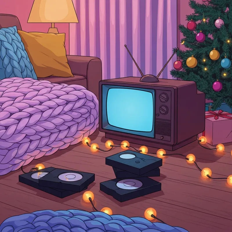 A cozy 1990s living room with a glowing Christmas tree, a stack of VHS tapes, and a warm blue television glow, reflecting the nostalgia of christmas films 90s.