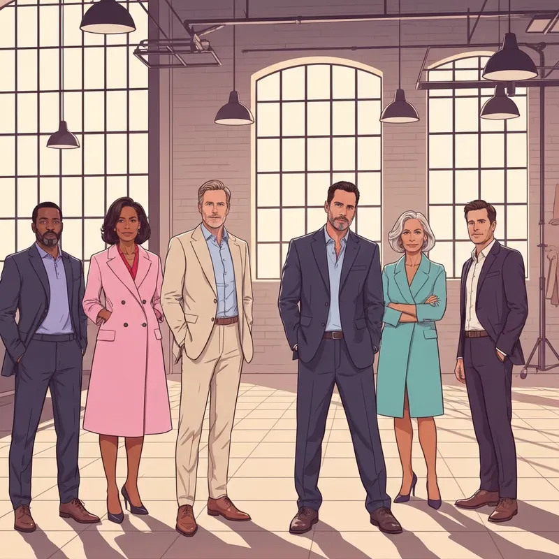 A group of sophisticated 40 year old actors in a professional Hollywood studio setting, symbolizing mid-career mastery and confidence.