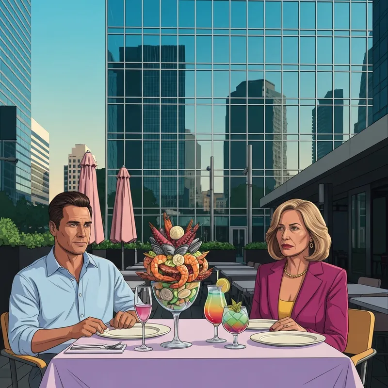 The vibrant outdoor dining area of Titys Marisquería del Pacífico in Guadalajara featuring fresh seafood towers and signature cocktails.