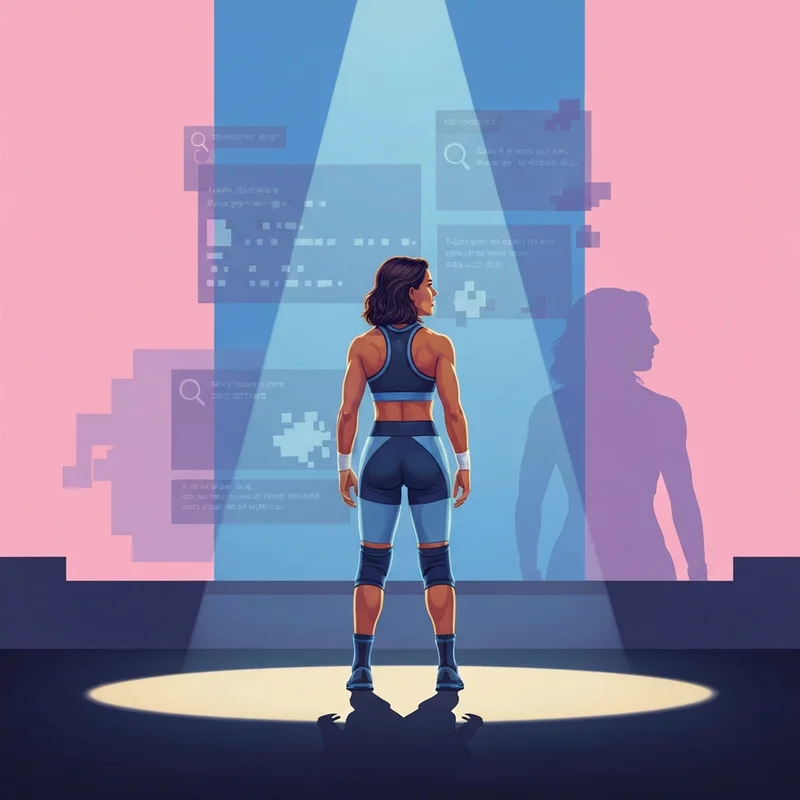 A cinematic representation of digital resilience showing a strong female athlete silhouette against a background of digital light and shadows, symbolizing the journey from privacy breach to professional comeback, including the paige sex tape context.