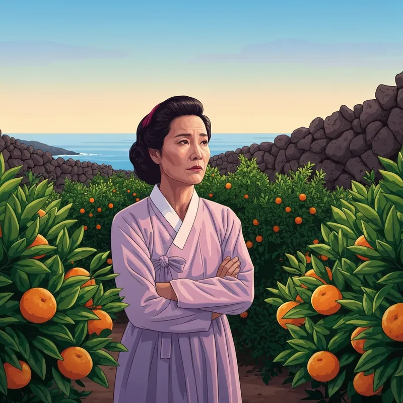A cinematic and atmospheric representation of When Life Gives You Tangerines reviews featuring a young woman in vintage 1950s Korean attire standing in a Jeju citrus grove at sunset.