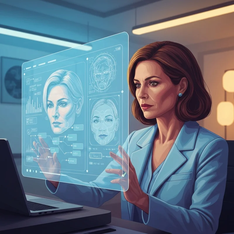 A woman analyzing digital data on a screen to identify a fake hub and deepfake technology.