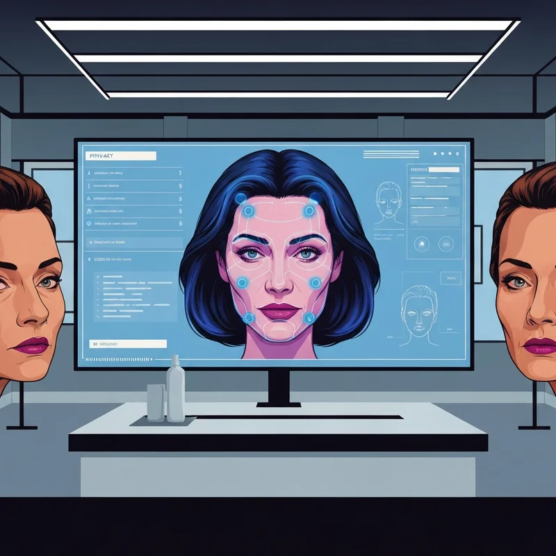 A high-tech digital interface showing a biometric facial scan with glowing data points, symbolizing the search for a pornstar look alike.