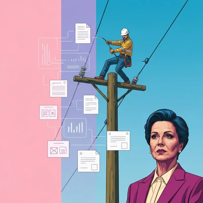 A professional lineman archetype working on power lines with a digital data overlay representing the name William Harp.
